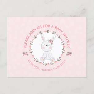 Cute Baby Bunny Floral Wreath Pink Baby Shower Invitation Postcard