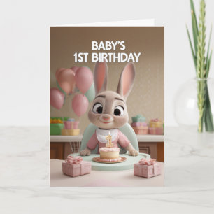 Cute Baby Bunny in Pink Celebrating 1st Birthday Card