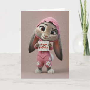 Cute Baby Bunny in Pink Romper Birthday Card