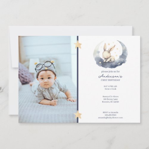 Cute Baby Bunny on a Moon Kids Birthday Invitation