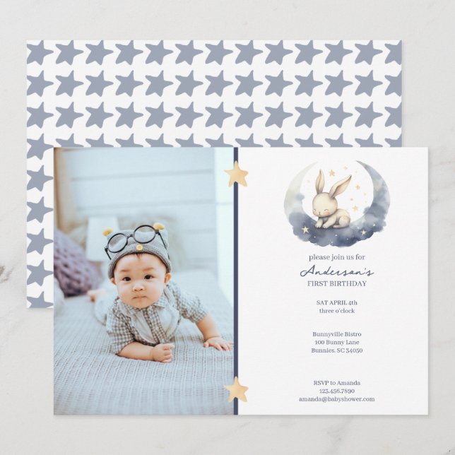 Cute Baby Bunny on a Moon Kid's Birthday Invitation (Front/Back)