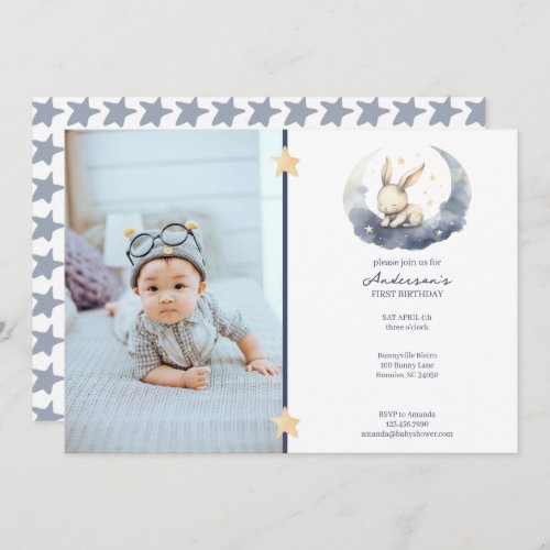 Cute Baby Bunny on a Moon Kids Birthday Invitation