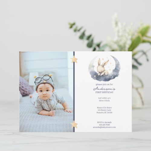 Cute Baby Bunny on a Moon Kids Birthday Invitation