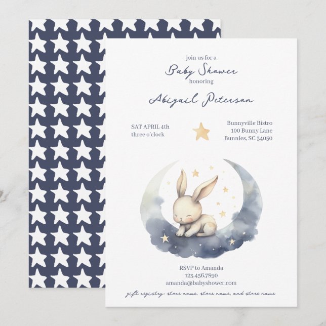 Cute Baby Bunny on a Moon with Stars Baby Shower Invitation (Front/Back)