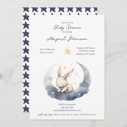 Cute Baby Bunny on a Moon with Stars Baby Shower Invitation