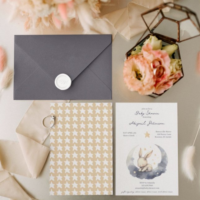 Cute Baby Bunny on a Moon with Stars Baby Shower Invitation (Creator Uploaded)