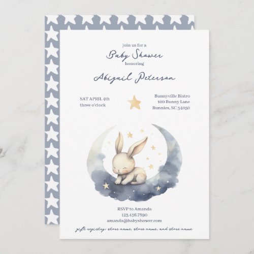 Cute Baby Bunny on a Moon with Stars Baby Shower Invitation