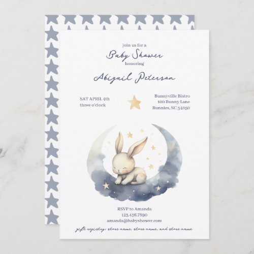 Cute Baby Bunny on a Moon with Stars Baby Shower Invitation