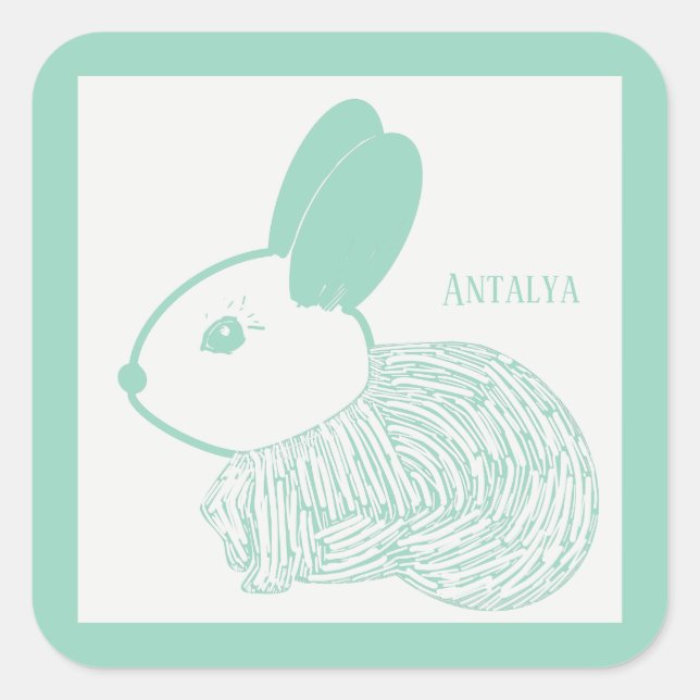 Cute Baby  Bunny on Pastel Green Antalya Square Sticker (Front)