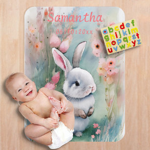 Cute Baby Bunny Pastel Watercolor Spring Flowers Baby Blanket