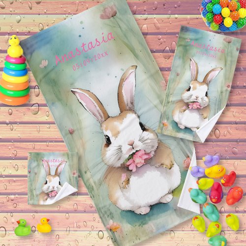 Cute Baby Bunny Pastel Watercolor Spring Flowers Bath Towel Set