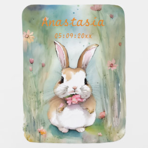 Cute Baby Bunny Pastel Watercolor Spring Flowers Blanket