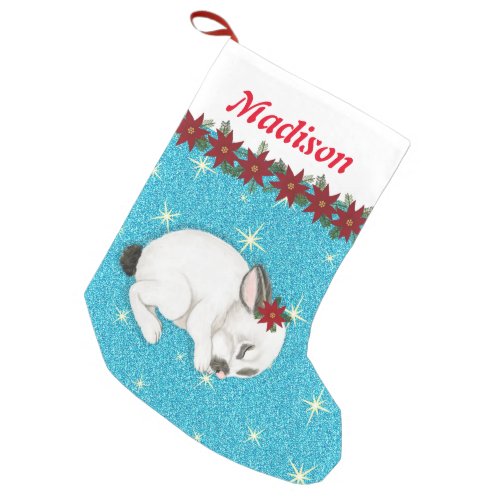 Cute Baby Bunny poinsettias Glitter Custom Name Small Christmas Stocking