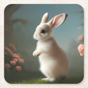 Cute Baby Bunny Portrait Square Paper Coaster
