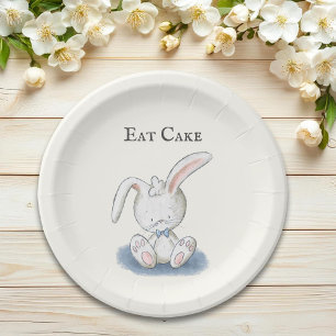 Cute Baby Bunny Rabbit with Blue Bow Tie Eat Cake Paper Plates