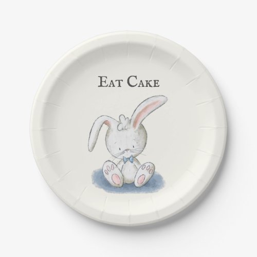 Cute Baby Bunny Rabbit with Blue Bow Tie Eat Cake Paper Plates
