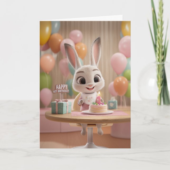 Cute Baby Bunny w/ Cake and Balloons 1st Birthday Card (Front)
