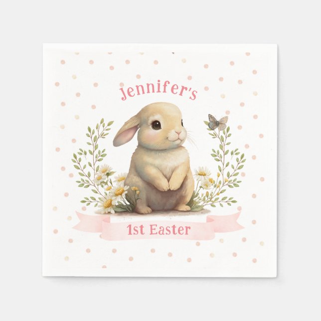 Cute Baby Bunny with Butterfly 1st Easter Party Napkins (Front)