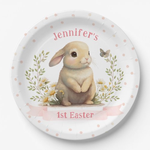 Cute Baby Bunny with Butterfly 1st Easter Party Paper Plates