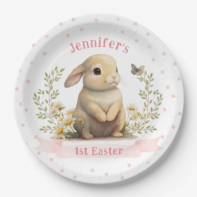 Cute Baby Bunny with Butterfly 1st Easter Party Paper Plates (Front)