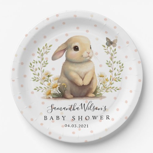 Cute Baby Bunny with Butterfly Baby Shower Paper Plates