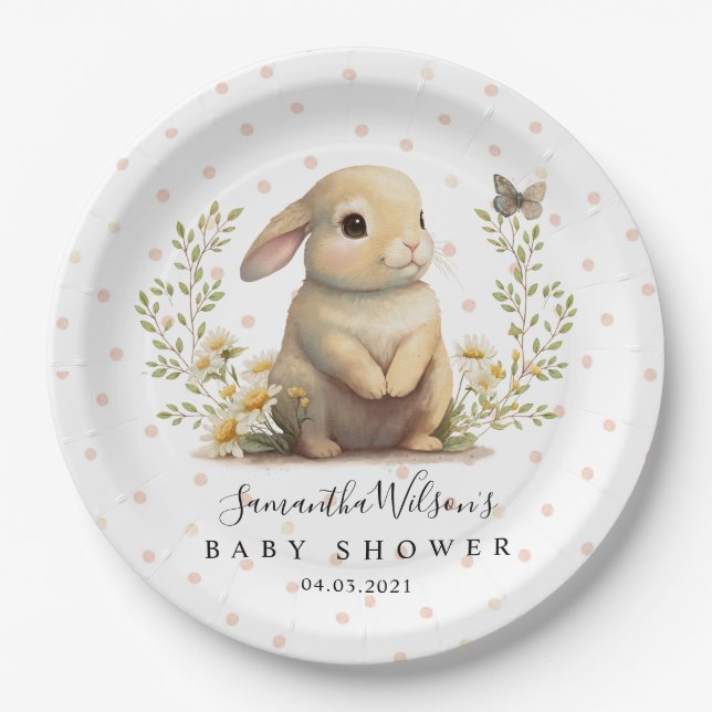 Cute Baby Bunny with Butterfly Baby Shower Paper Plates (Front)