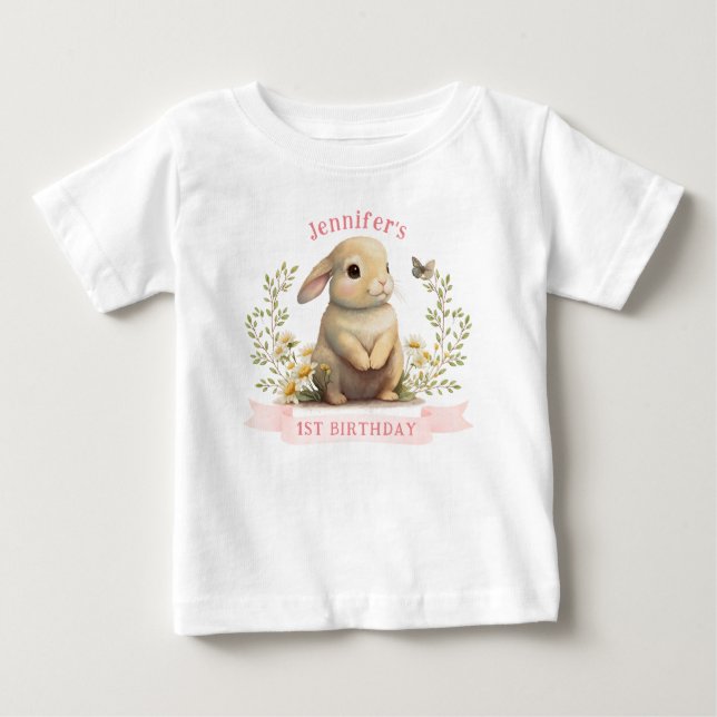 Cute Baby Bunny with Butterfly Easter Birthday Baby T-Shirt (Front)