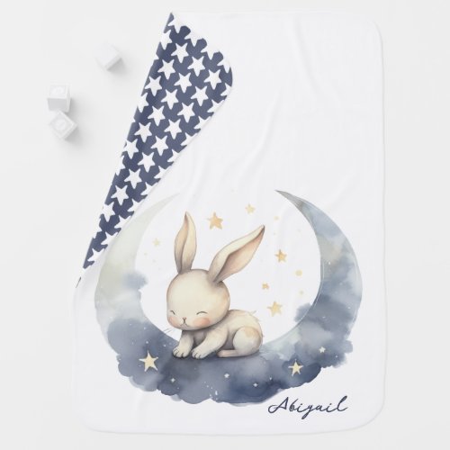 Cute Baby Bunny with Cloudy Moon and Stars Baby Blanket