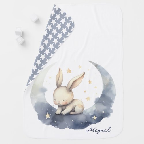 Cute Baby Bunny with Cloudy Moon and Stars Baby Blanket