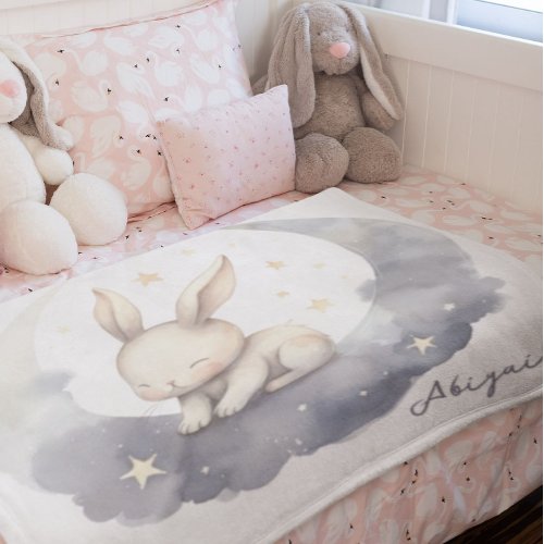 Cute Baby Bunny with Cloudy Moon and Stars Baby Blanket