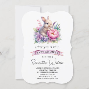 Cute Baby Bunny with Flower Baby Shower Invitation