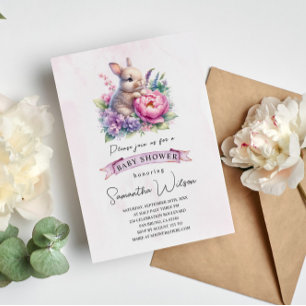 Cute Baby Bunny with Flower Baby Shower Invitation