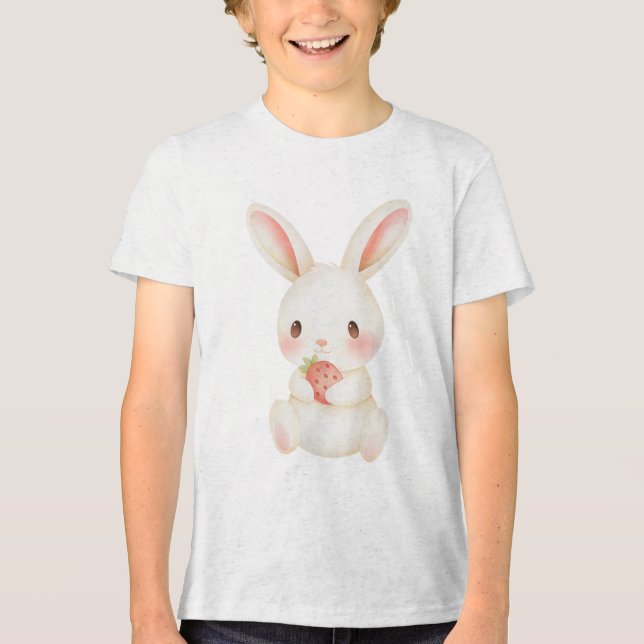 Cute Baby Bunny with Strawberry Illustration Tri-Blend Shirt (Front)