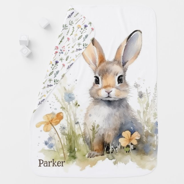 Cute Baby Bunny Woodland Animal Monogram Baby Blanket (In Situ)