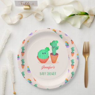 Cute Baby Cactus and Mom Baby Shower Paper Plates