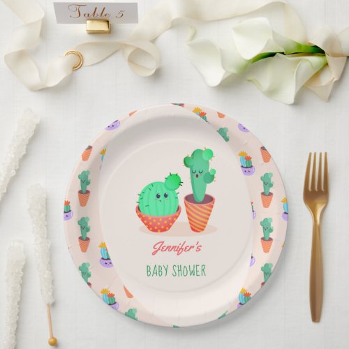 Cute Baby Cactus and Mom Baby Shower Paper Plates