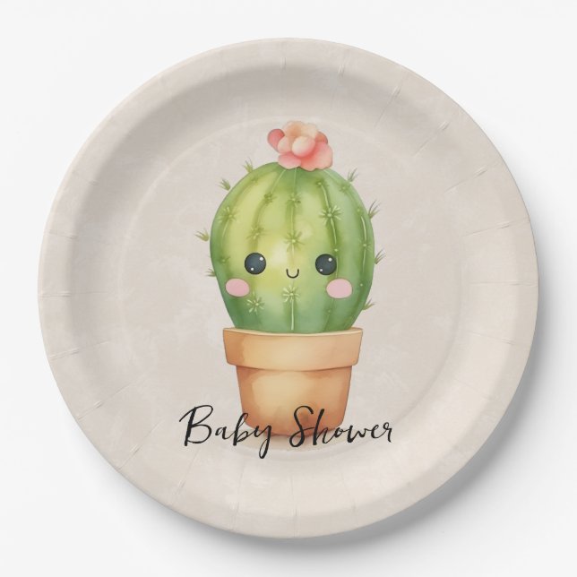 Cute Baby Cactus Succulent Baby Shower Paper Plates (Front)