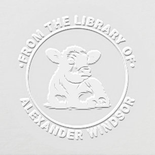 Cute Baby Calf Cow Lying Down Library Book Name Embosser