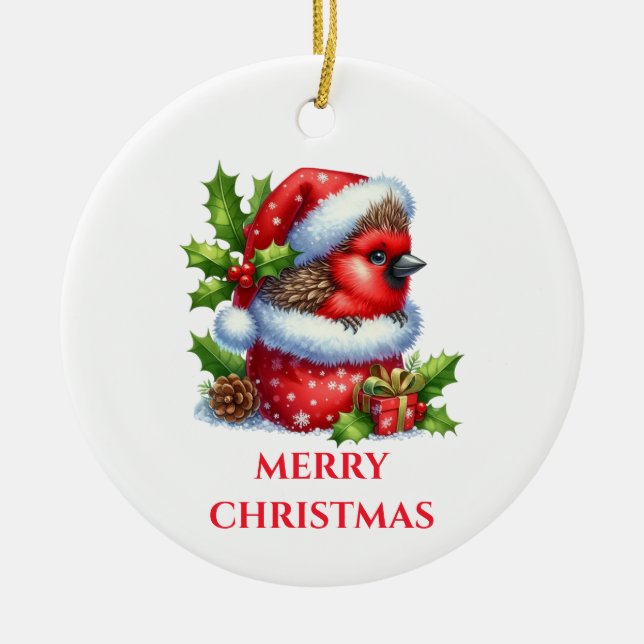 Cute Baby Cardinal Christmas Ceramic Ornament (Front)