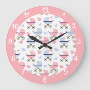 Cute Baby Carriage Blue Pink Pattern Nursery Large Clock