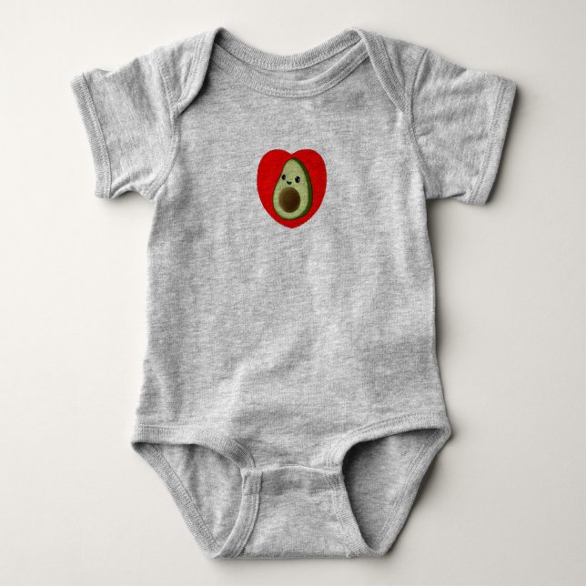 Cute Baby Cartoon Avocado In Red Heart Baby Bodysuit (Front)
