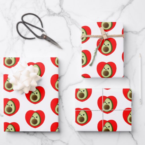 Cute Baby Cartoon Avocado In Red Heart Wrapping Paper Sheets