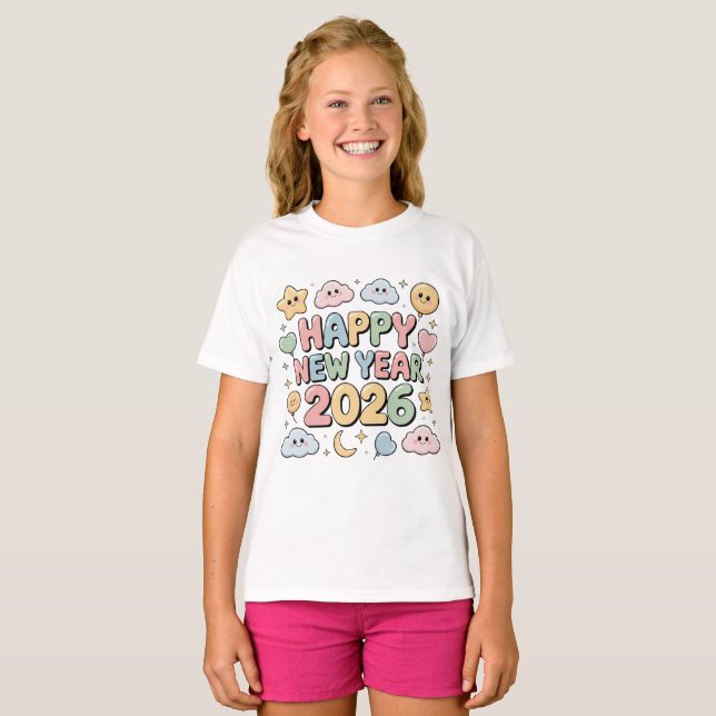 Cute Baby Cartoon New Year 2026 Illustration T-Shirt (Front Full)