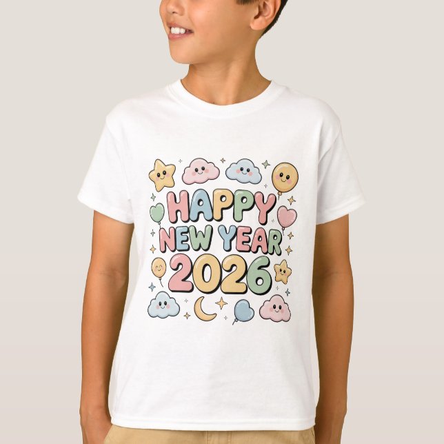 Cute Baby Cartoon New Year 2026 Illustration T-Shirt (Front)