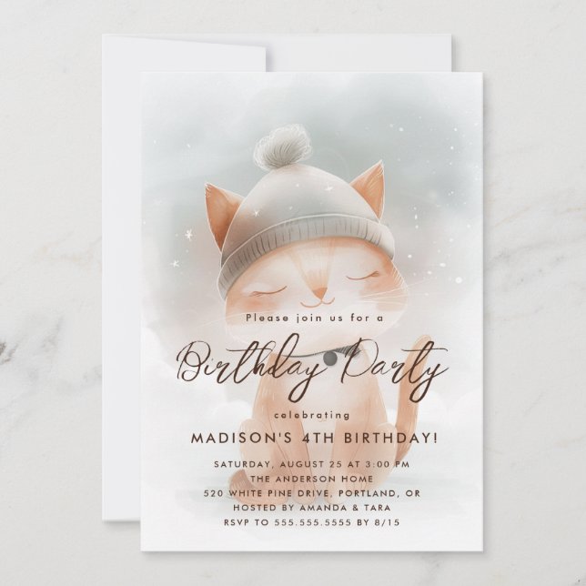 Cute Baby Cat Winter Birthday Party  Invitation (Front)