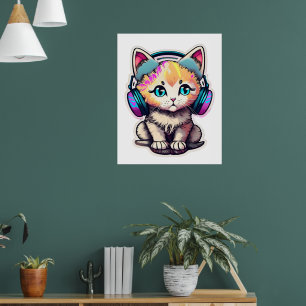Cute Baby Cat with Headphones Poster