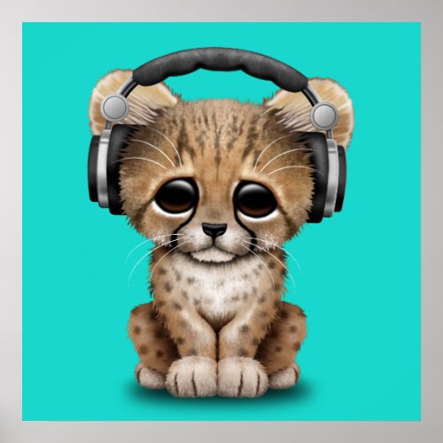Cute Baby Cheetah Dj Wearing Headphones Poster