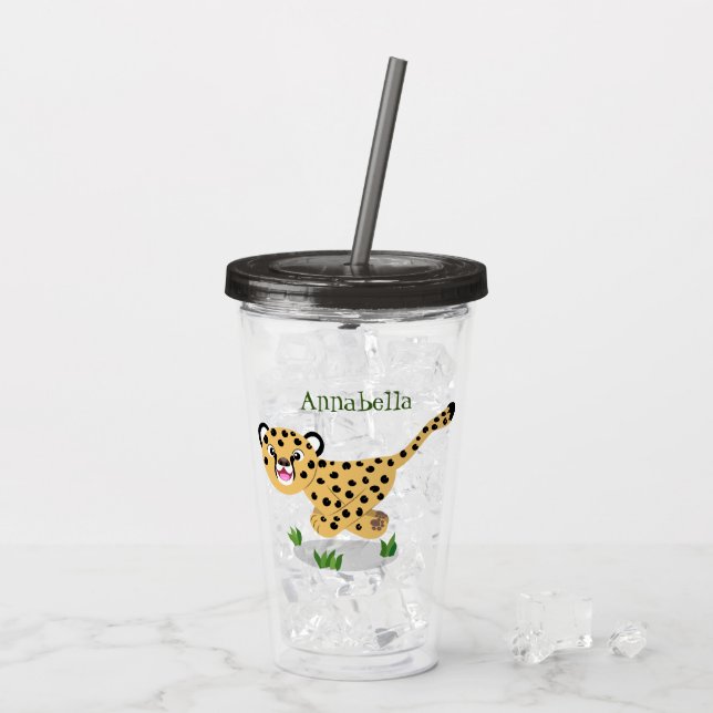 Cute baby cheetah running cartoon illustration acrylic tumbler (Back Ice)