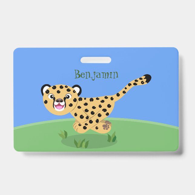 Cute baby cheetah running cartoon illustration badge (Front)