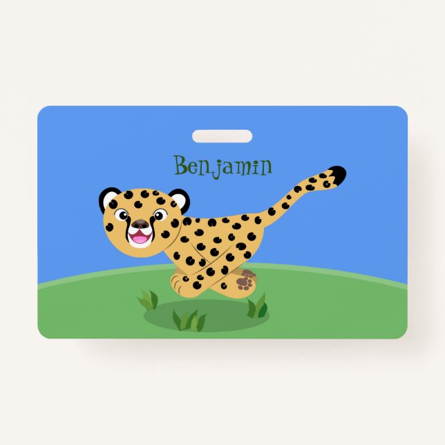 Cute baby cheetah running cartoon illustration badge (Front)